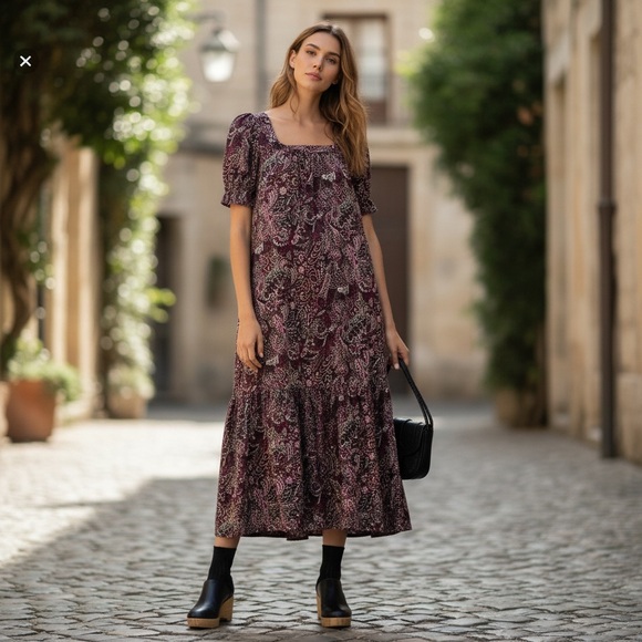 Anthropologie Maeve Lisabetta Paisley Bohemian Mido Maxi Dress Burg Black MED - Picture 1 of 7